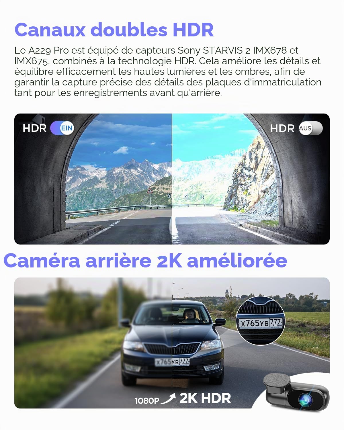 VIOFO A229 Pro 4K+2K Dashcam Avant+Arrière, Wi-FI 5G, GPS, CPL