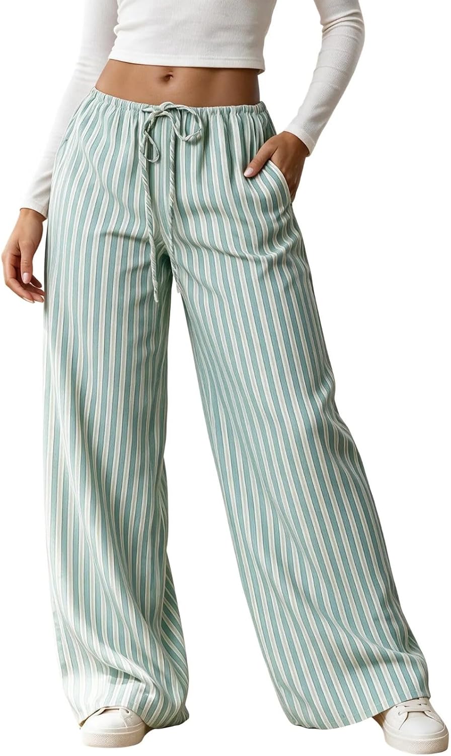 Womens Striped Wide Leg Pants Drawstring Casual Lounge Trousers