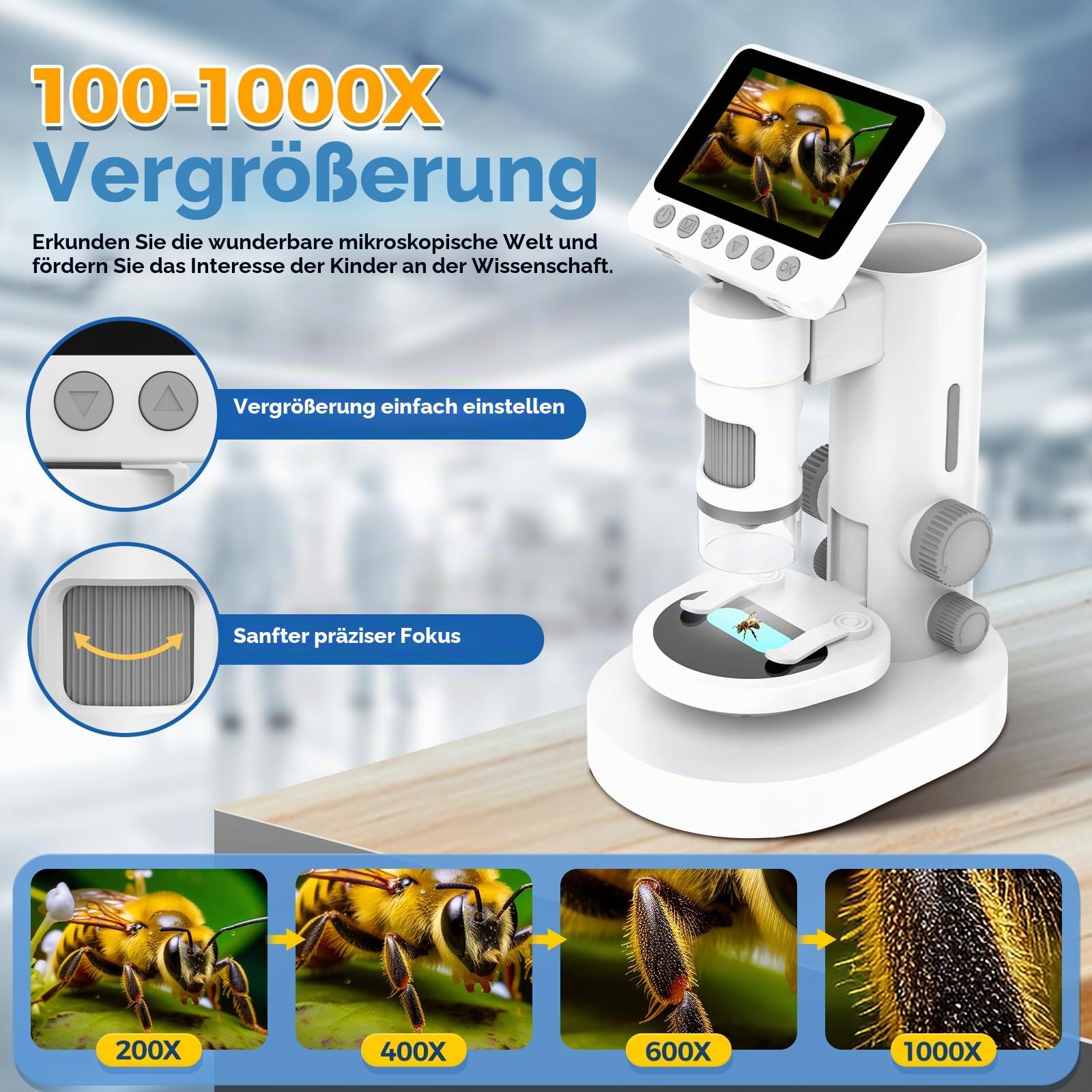 USCAMEL 1000X Digital Mikroskop für Kinder: 4K 3.5" Bildschirm Wiederaufladbar USB Mikroskope Science Kit Lupe für Münzen, Pflanzen, Insekten, Wissenschaft, Lernen für Erwachsene und Kinder