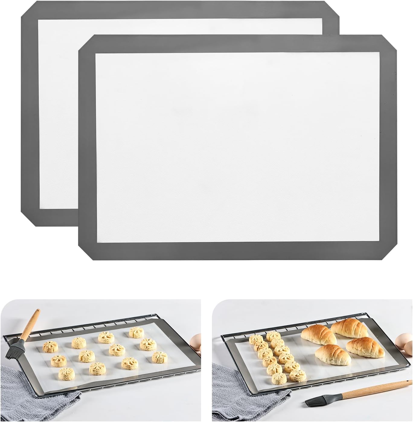 KitchenRaku 2-Pack Silicone Baking Mat, 16.5"x11.6" (42 x 29.5 cm) Reusable Silicone Baking Sheets for Oven, BPA Free Nonstick Bakeware Mats for Cookies, Macarons, Bread and Pastry