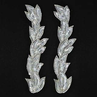 2-pcs 8-1/2" Sequin & Beaded Leaf Patch Applique Patch, FF-FF511 (Crystal Iris/Silver)
