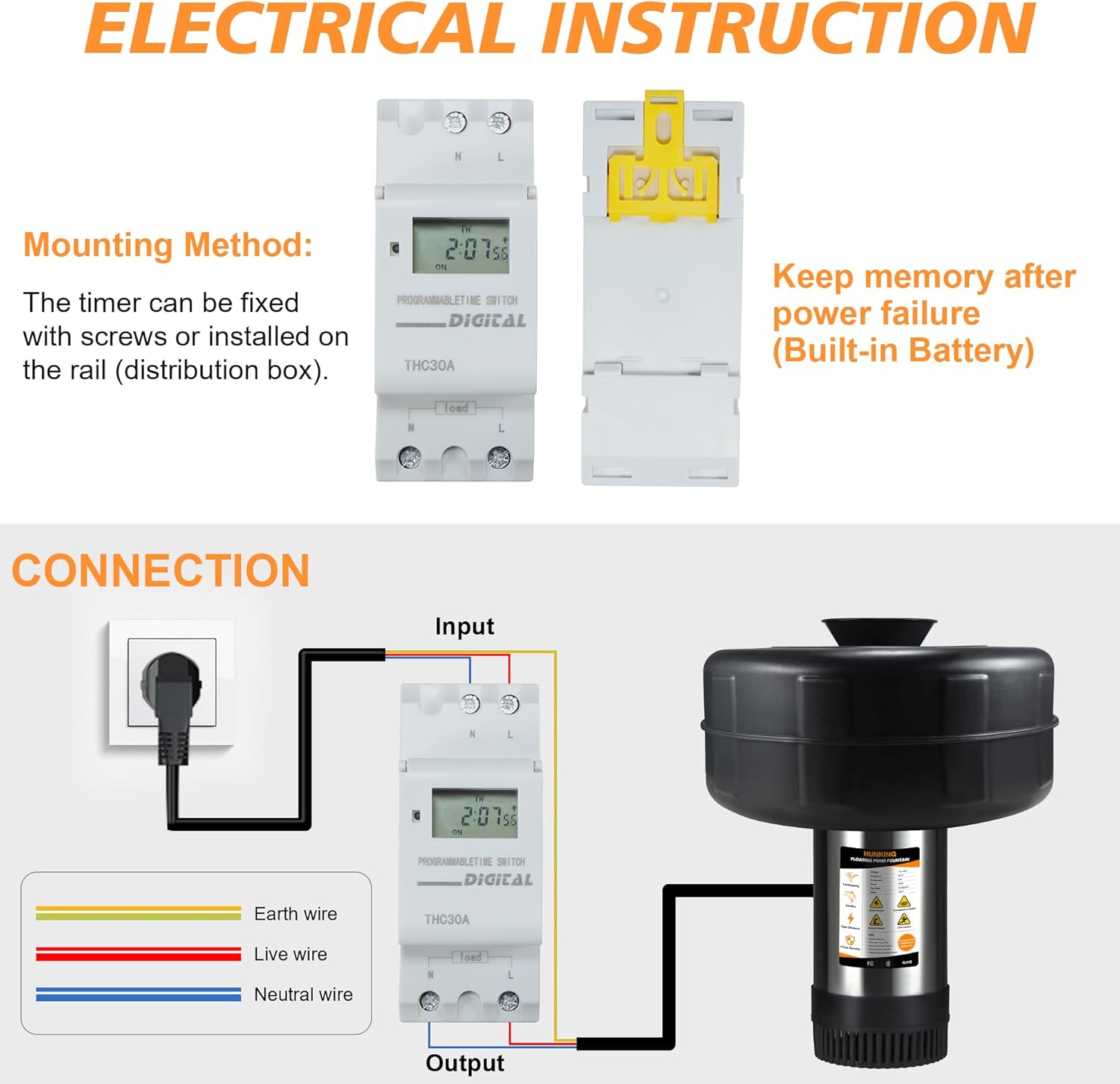 Pond Fountain Aerator, 1HP 16000 GPH 750W 110V/120V Stainless Steel Floating Fountain Pump With 100ft Power Cord & Rope & Timer for Small Large Outdoor Ponds & Lakes