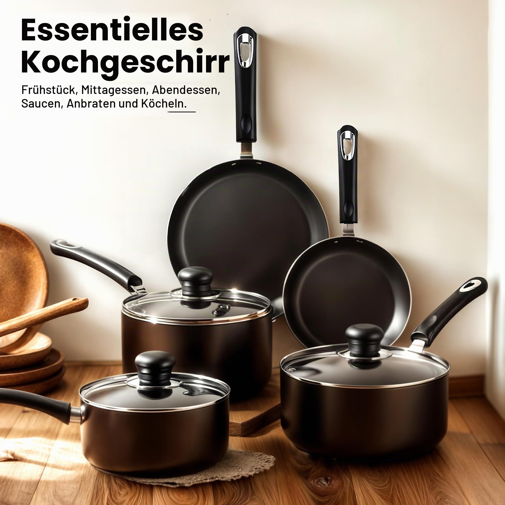 KICHLY 8-teiliges Topf- und Pfannenset, antihaftbeschichtet, Küchen-Kochgeschirr-Set, Induktions-Bratpfannen 20 cm, 28 cm, Stielkasserolle mit Deckeln 20 cm, 18 cm, Stielkasserolle 16 cm, Töpfe und
