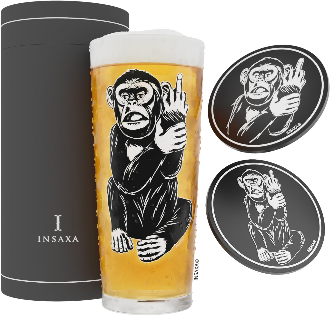 Funny Gifts for Men - Cheeky Monkey Beer Glass (1 Pint/580ml) and 2 Silicone Coasters - Birthday Gifts for Men Beer Gifts for Men Gifts for Him Mens Gifts Christmas Gifts for Men Presents Cider Glass