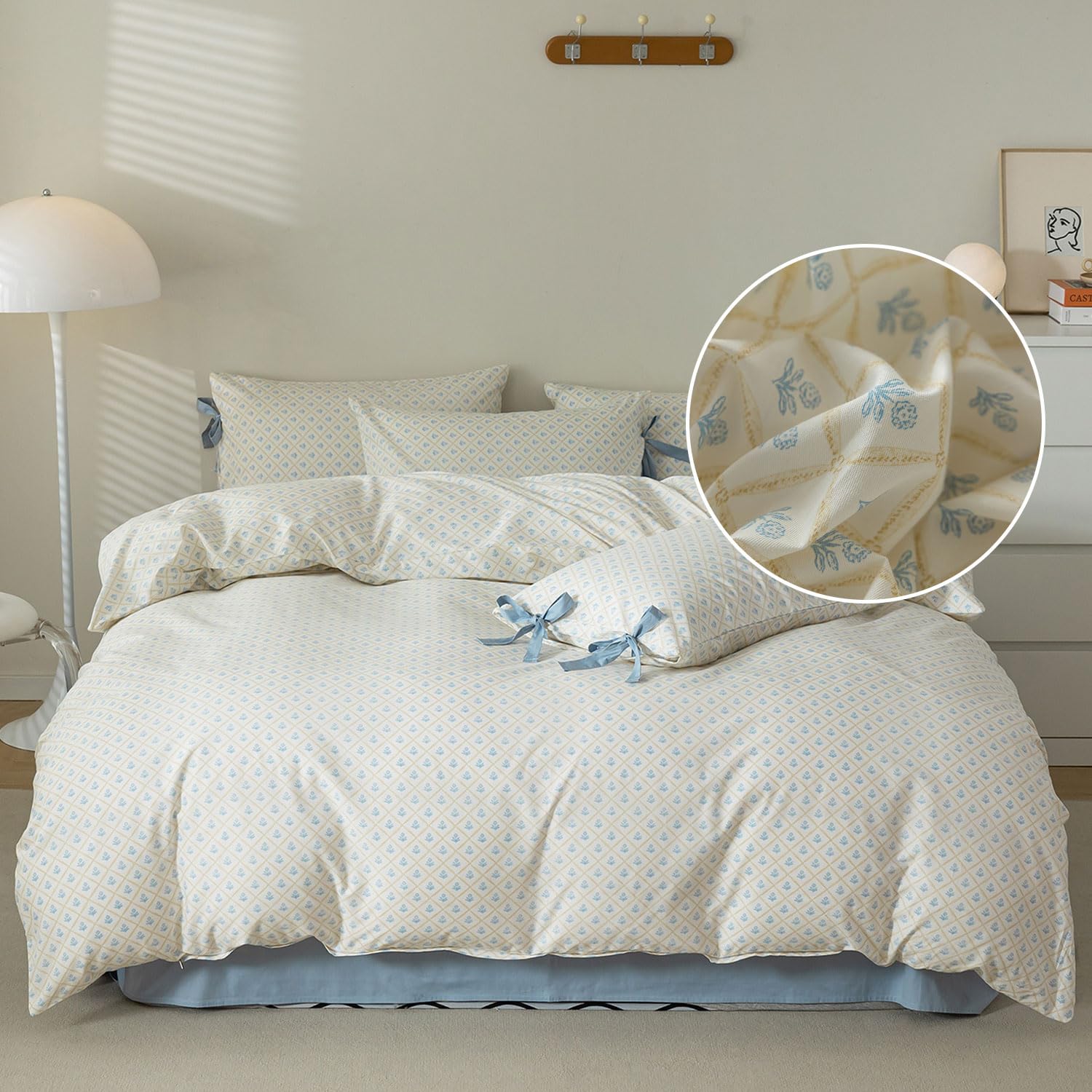 Blue Floral Duvet Cover Twin XL Garden Style Soft Cotton Floral Bedding Comforter Cover Plaid Grid Design Vintage Blue Flower Duvet Cover with 2 Bowknot Pillowcases Botanical Cottagecore Bedding Sets — image 1
