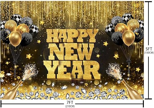Miniatura 5 de AIBIIN Fondo negro y dorado de 7 x 5 pies, para fiesta de conteo regresivo, Hello 2024, globo brillante de fuegos artificiales, color champán