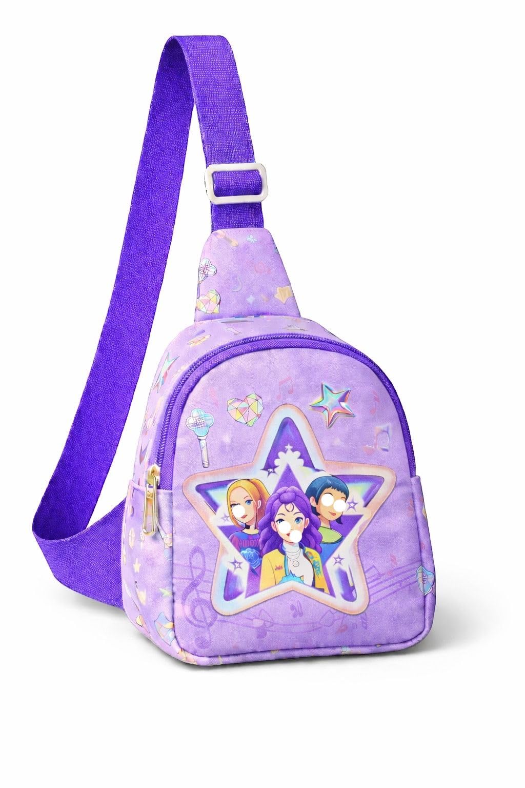 Glitreeprops Kids Chest Sling Bag for Girls, Cute Cartoon Print K POP Demon Hunters Huntrix Theme Mini Crossbody Bag for Kids, Lightweight Travel & Outing Bag, 20 x 13 cm Purple