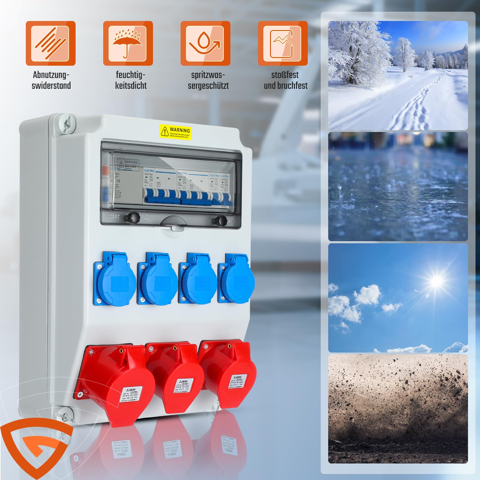 Baustromverteiler 4x230V 2x16A 1x32A mit FI Schalter LS Schalter 400V CEE, 5 polig Wandverteiler mit 4 Schutzkontaktsteckdosen für Innen Außenbereich auf Baustellen IP44