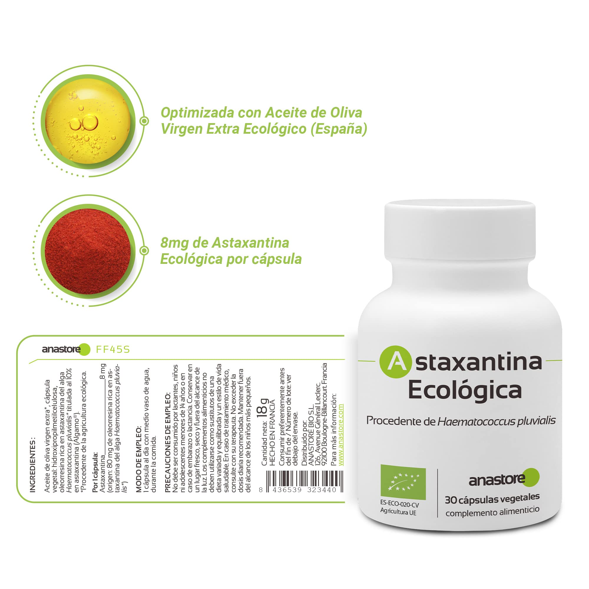 Astaxantina Ecológica * 30 cápsulas vegetales / 8 mg * Antioxidante de origen natural * Energía + Salud Visual + Cuidado de la Piel * (4)