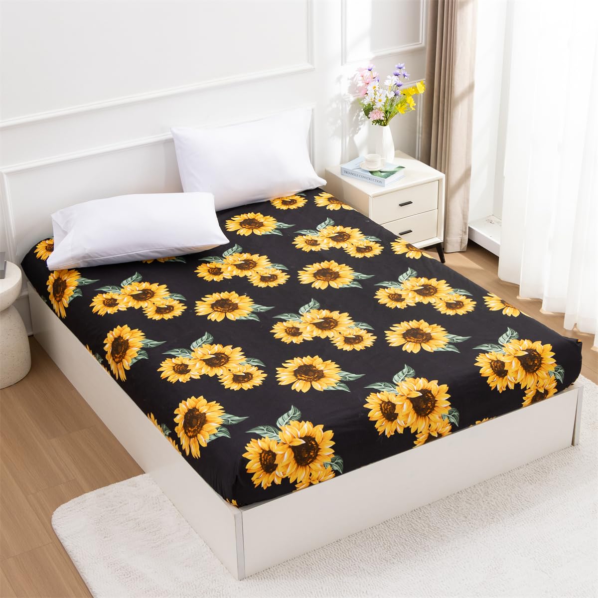 Housse de matelas imperméable NTBED bonnet profond 137x190 cm motif tournesol