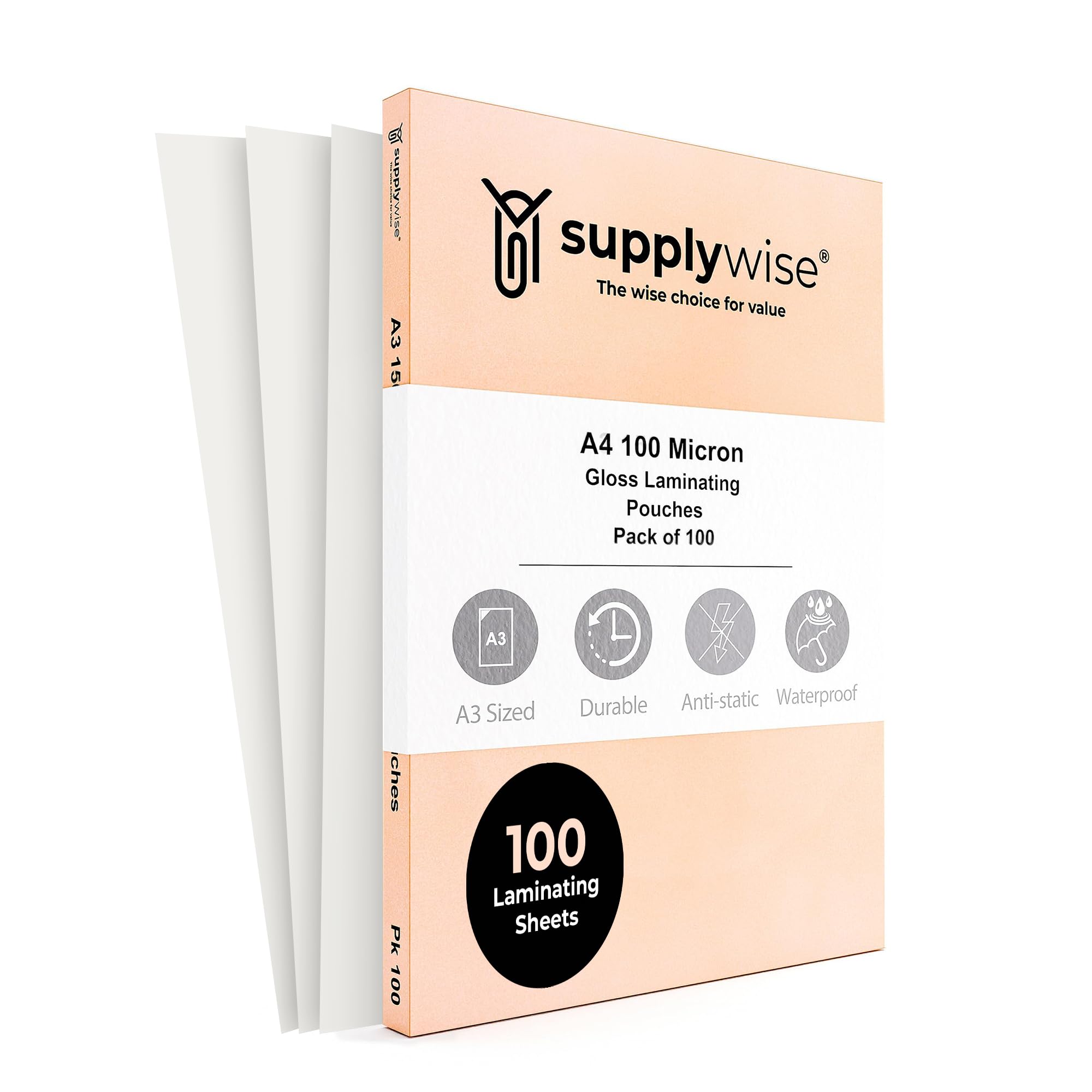 Supplywise Laminating Pouches A4, 100 x Laminating Sheets A4, 100 Micron Transparent Gloss Durable A4 Laminating Pouches, Great for All presentations - Flexible Rigidity for Everyday Use