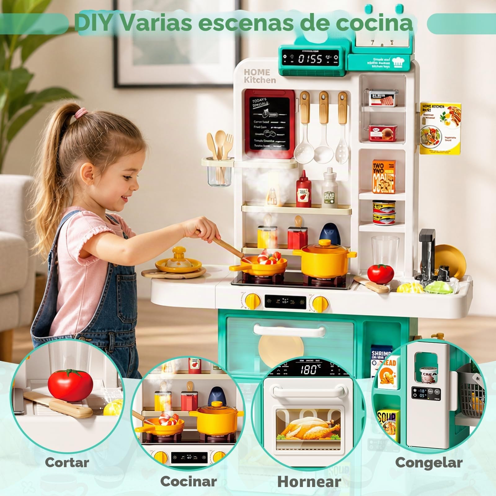 deAO Cocinas Infantiles, 69 PCS Cocina Juguete, Grifo Agua, Luces y Sonido | con Vajilla, Comida, Fregadero, Cocina de Vapor, Horno, 54x21x88 cm, Plástico Seguro, Regalos para Niños +3 Años, Verde