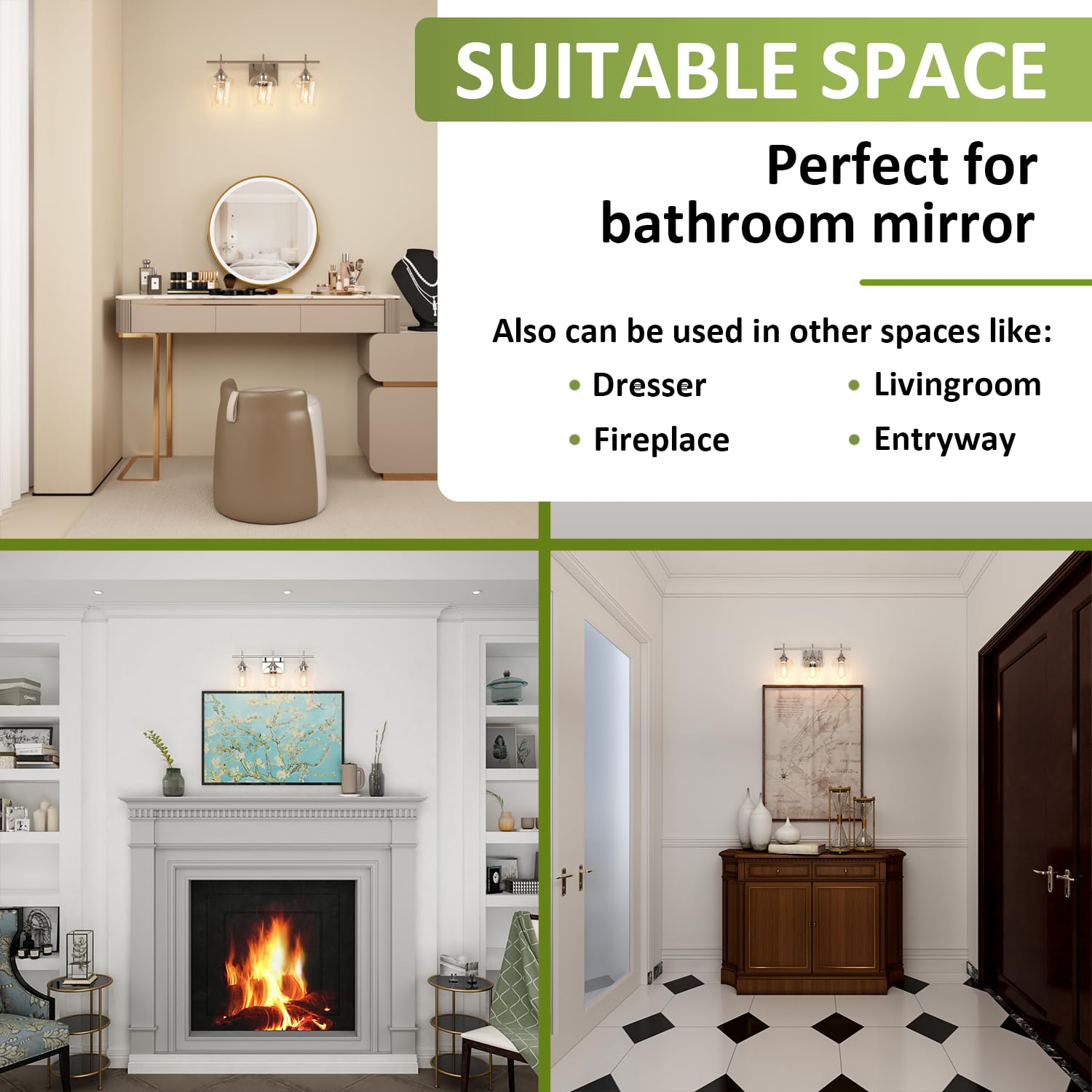 HOMECHOOSE Bathroom Light Fixtures, 3-Light Vanity Lights, Clear Glass Shade, Over Mirror, Nickel