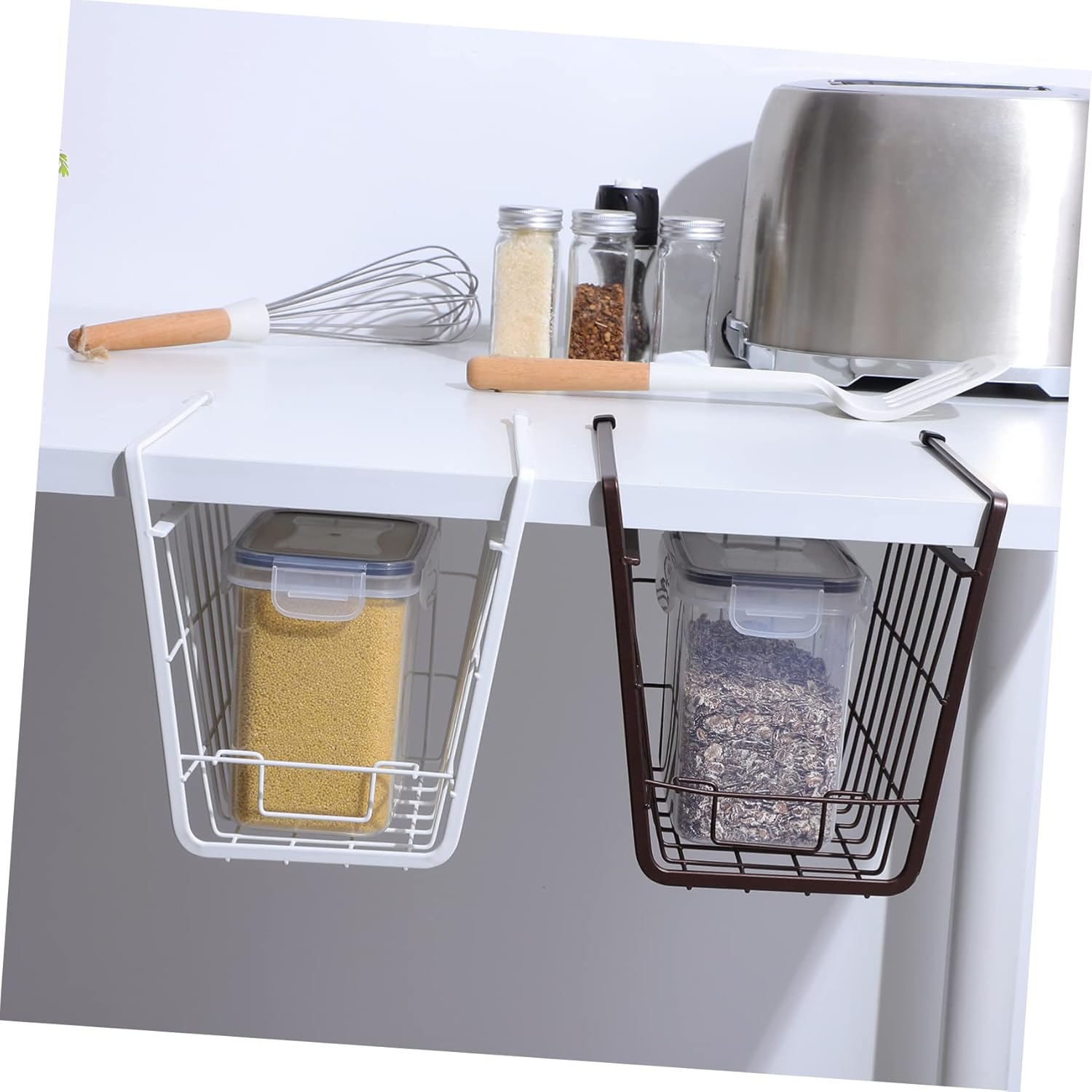 Hanging Storage Baskets for Kitchen 2 Pack White under Shelf Iron Wire Baskets Pantry Cabinet Organizers
