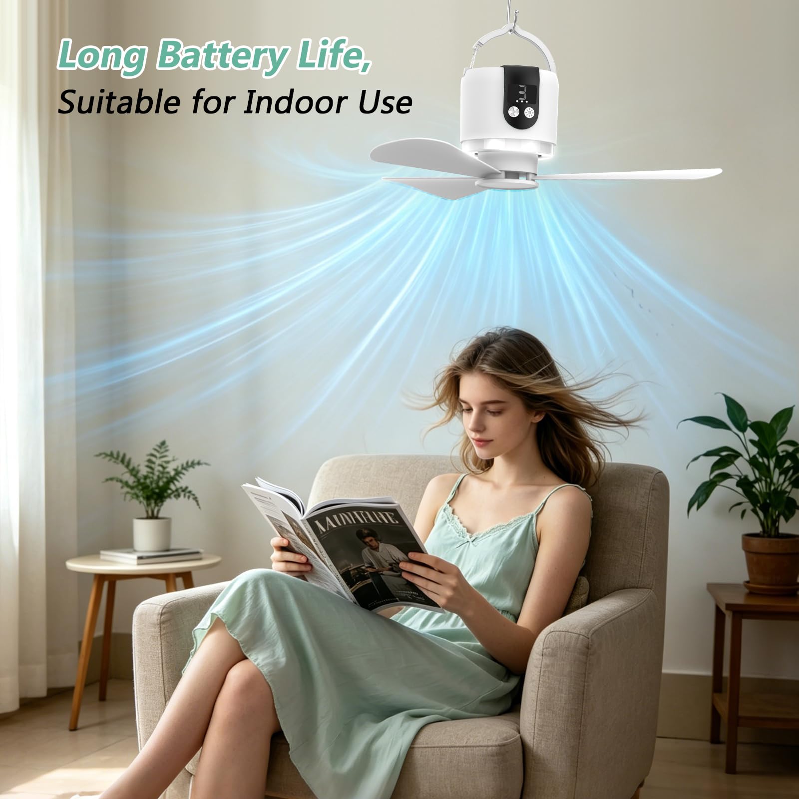 YISUN Ventilador de Camping con Luz LED,15600mAh Recargable por USB, Portátil con Mando a Distancia,Temporizador,3 Velocidades,Para Tiendas de Campaña,Habitaciones,Caravanas