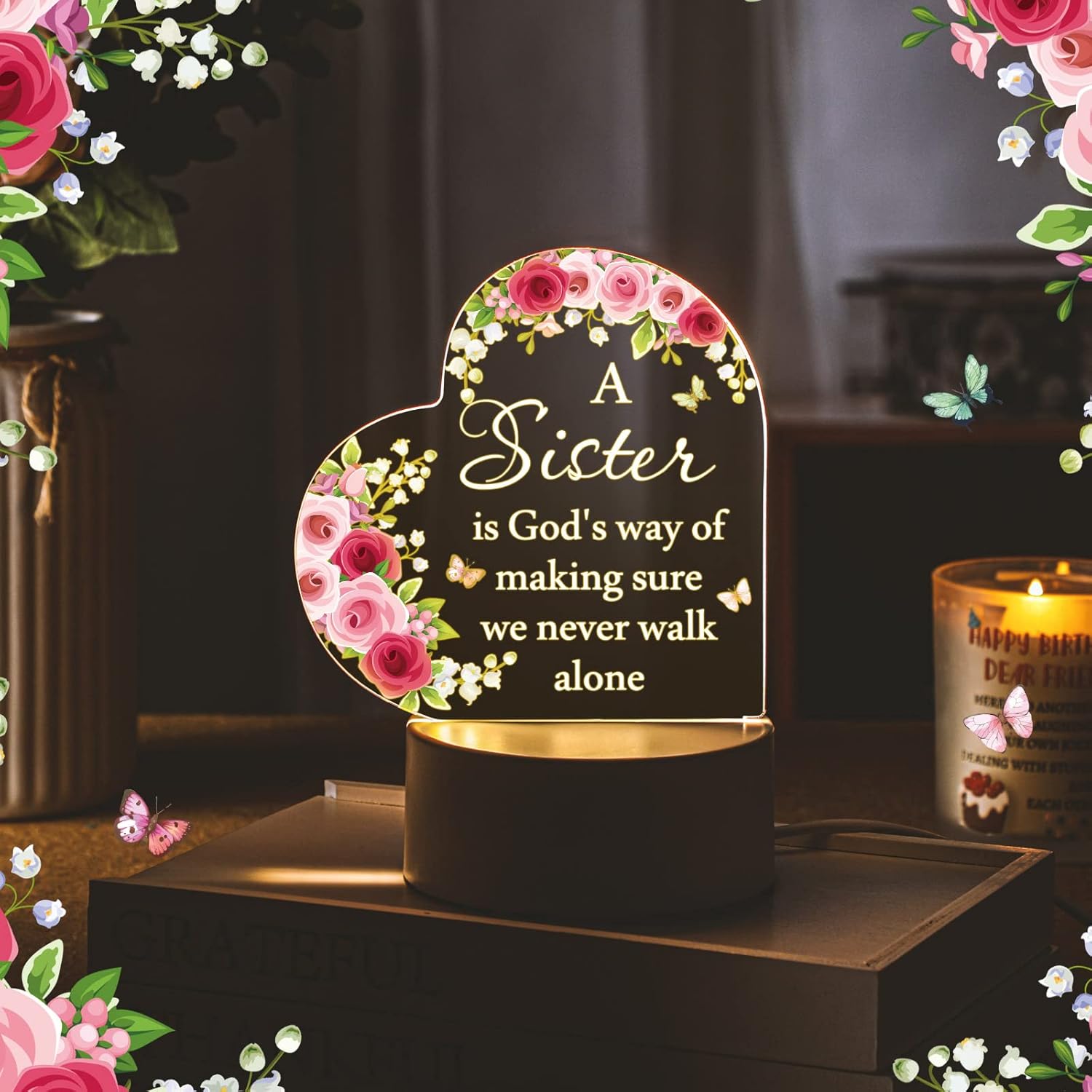 Jetec Acrylic Night Light Friend Gifts for Women Birthday Gifts for Her Friendship for BFF Teen Girls Besties Sister Coloured Flower Lamp with Warm Colors LED Lamp Base(A Sister)