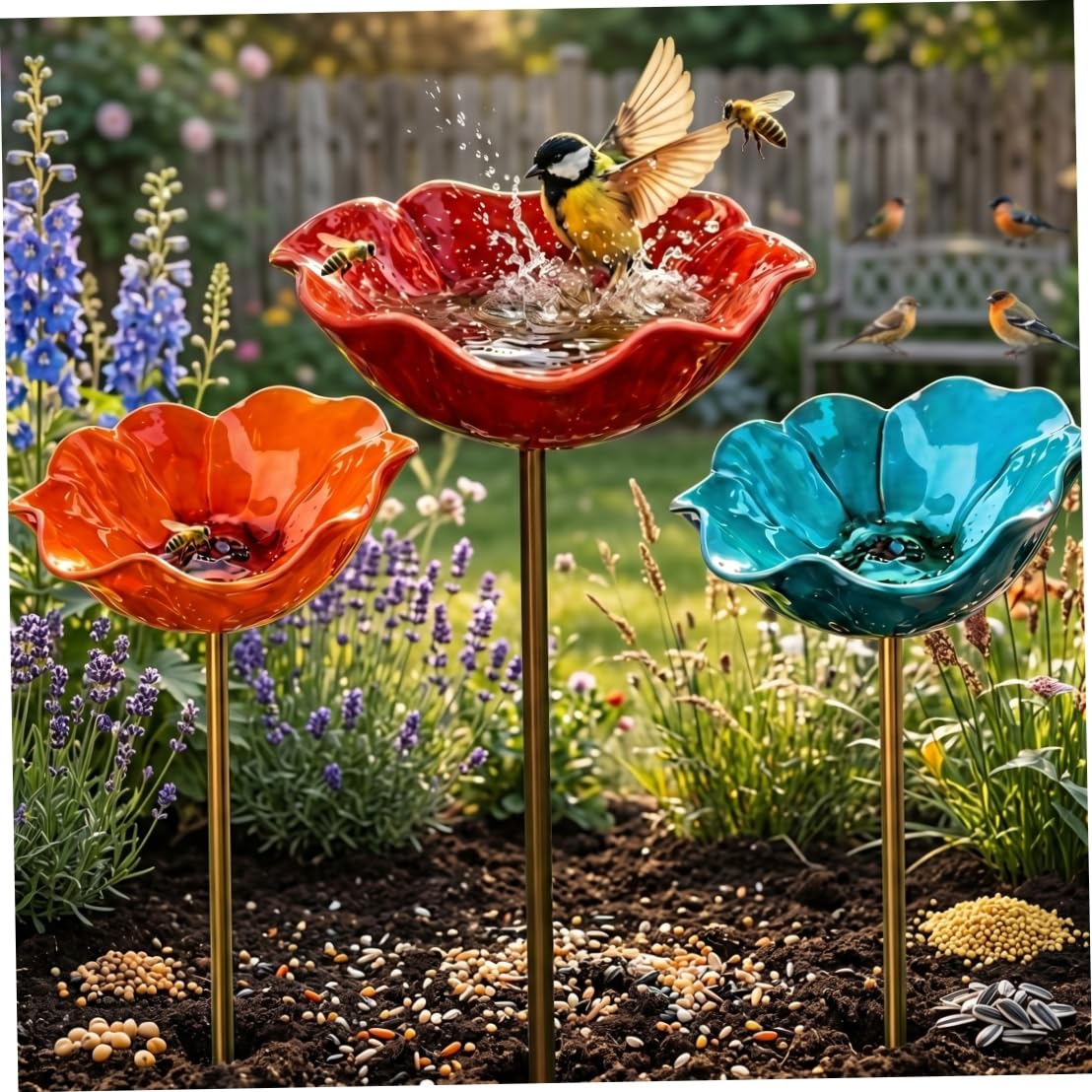 Bird Baths, 3 Pack Metal Flower Garden Stakes Bird Bath, Multifunctional Feeder & Bath For Outdoors, Blue, Orange, Red, baths