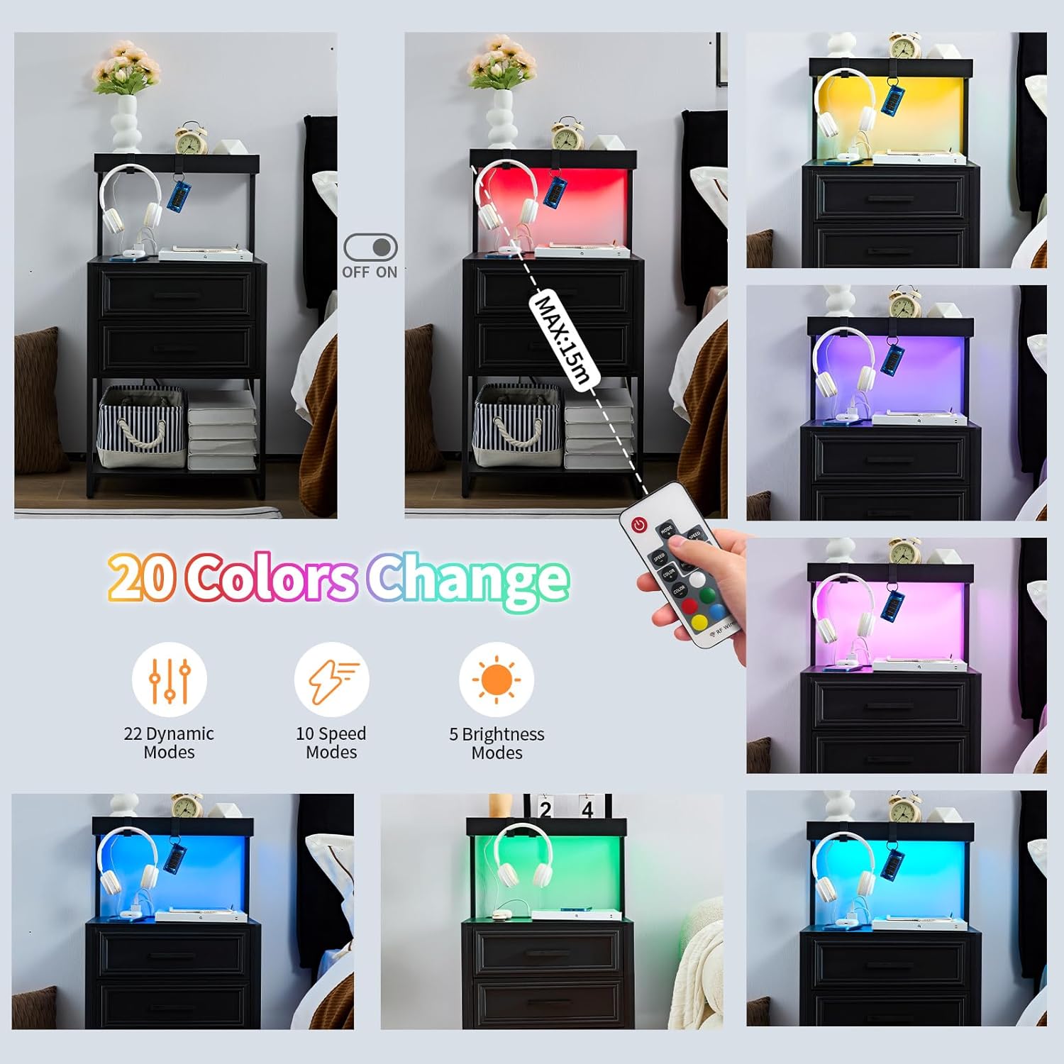 Nightstand with charging station and LED lights