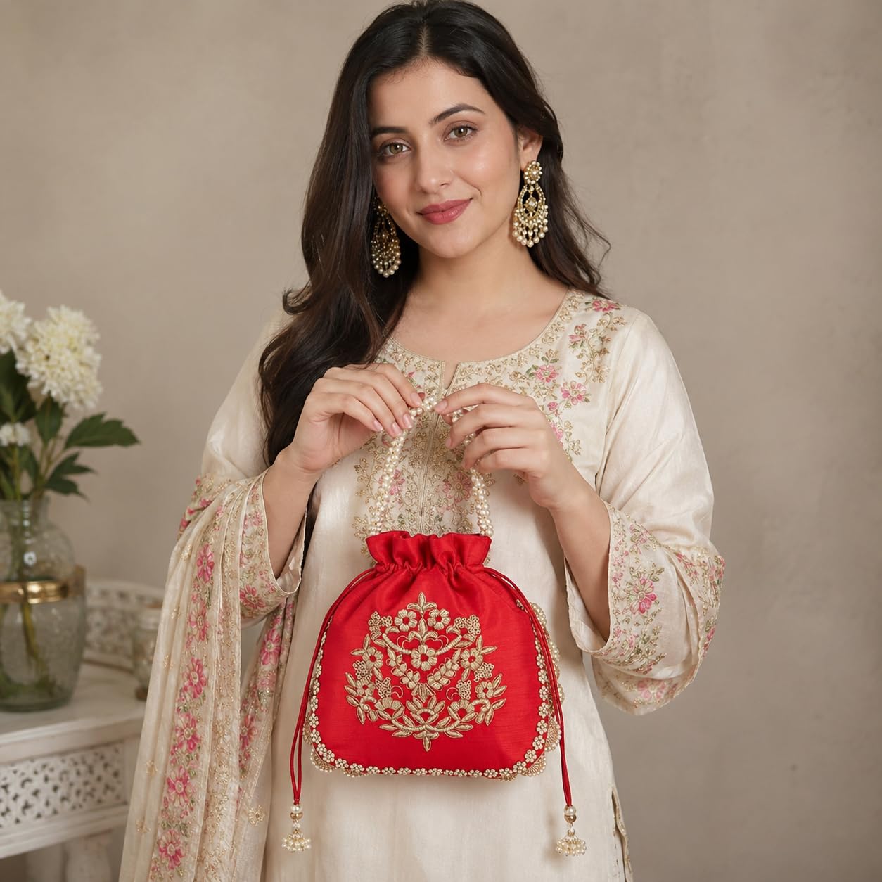 Amayra Luxe Satin Double Buta Handcrafted Potli Bag for Women β Traditional Drawstring Ethnic Purse for Wedding & Festive Occasions (Red) 4