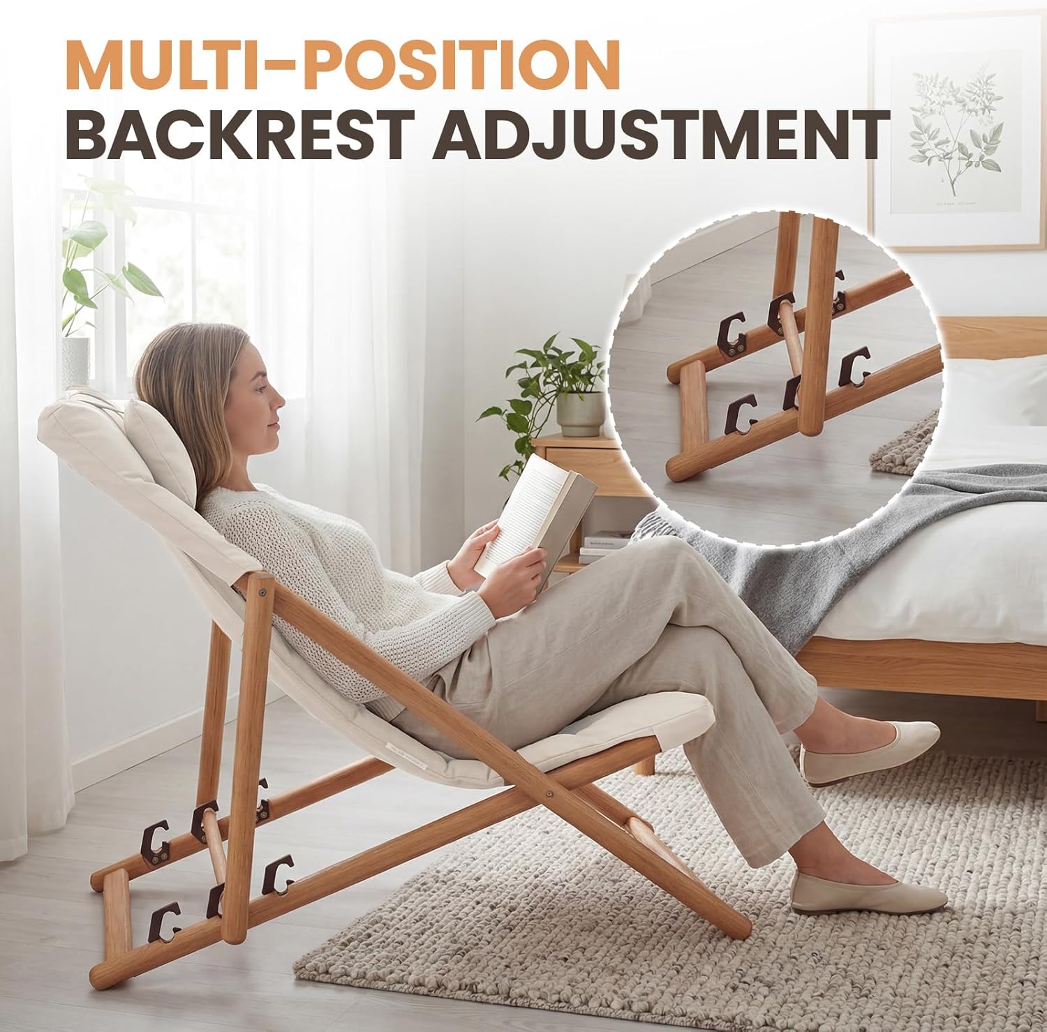 Folding Wooden Lounge Chairs Set of 4, Outdoor Adjustable Reclining Patio Beach Chair with Thick Cushion, Portable Deck Lounge Chair for Backyard Lawn Pool Camping Balcony, Beige