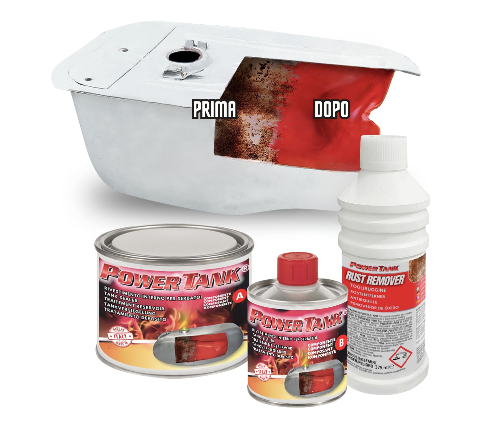 POWER TANK - Tratamiento Tanque Moto Deposito (8/10 Litros) Kit Pequeño Small 350 g para Interior de Tanques Elimina Óxido Repara Protege Tanques Oxidados de Motos Vespa Ciao Ciclomotores de Época