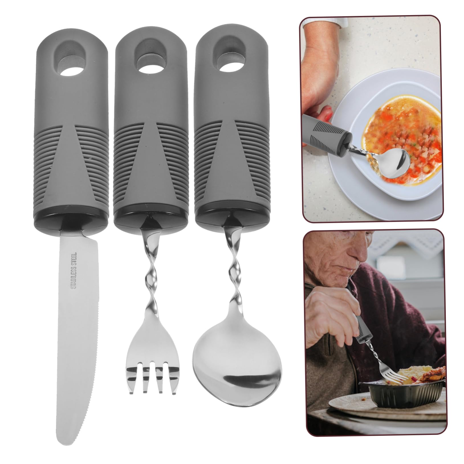 VILLFUL 3pcs Adaptive Utensils for Hand Tremors Anti-shaking Silverware Set for Elderly Bent Spoon Angled Spoon Weighted Silverware for Stroke Patients