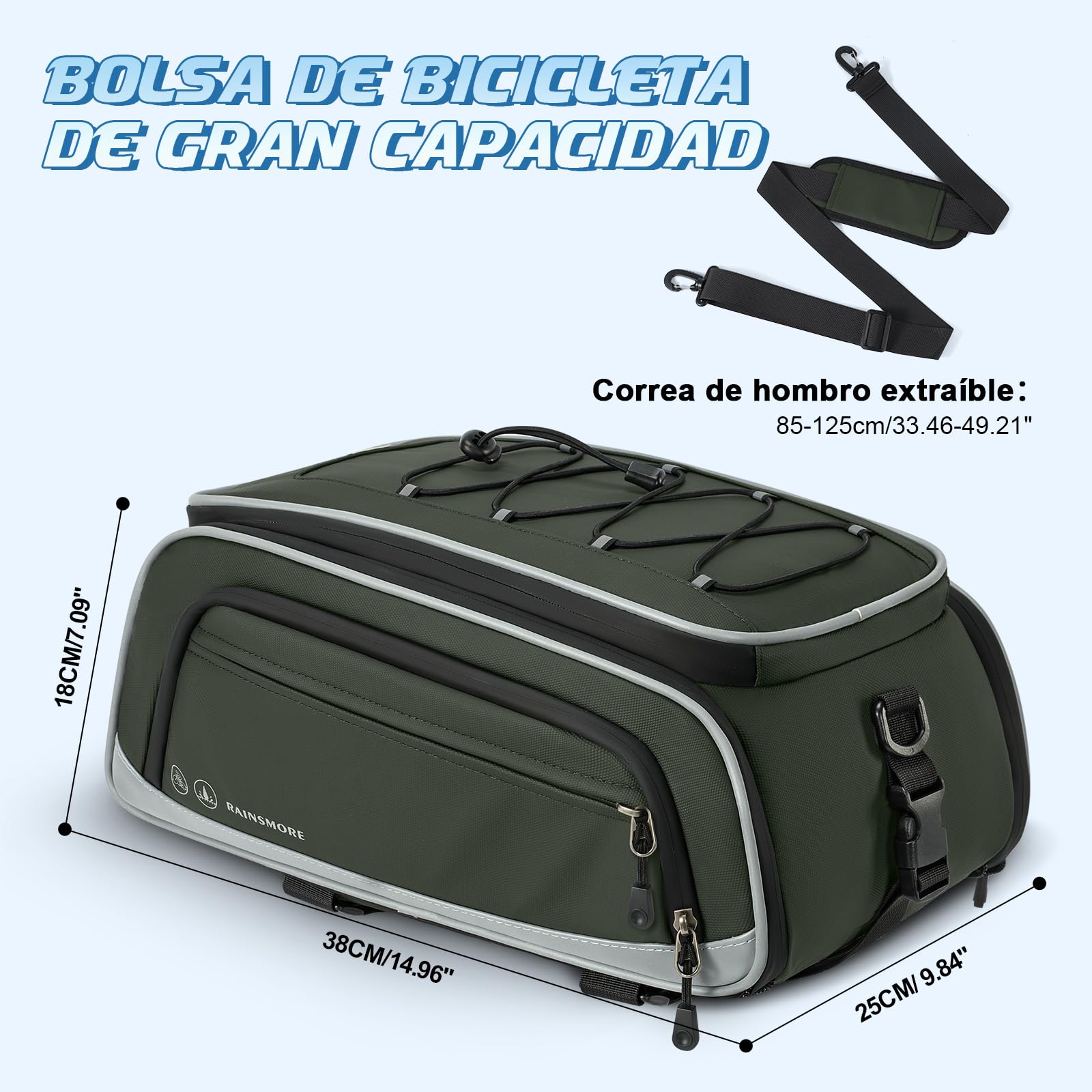 RAINSMORE Alforjas Bicicleta Impermeables 15L Expandibles Bolsa Bicicleta con Funda de Lluvia Reflectante Bolsas para Bicicleta Trasera Ciclismo Urbano y Bicicleta Eléctrica Verde