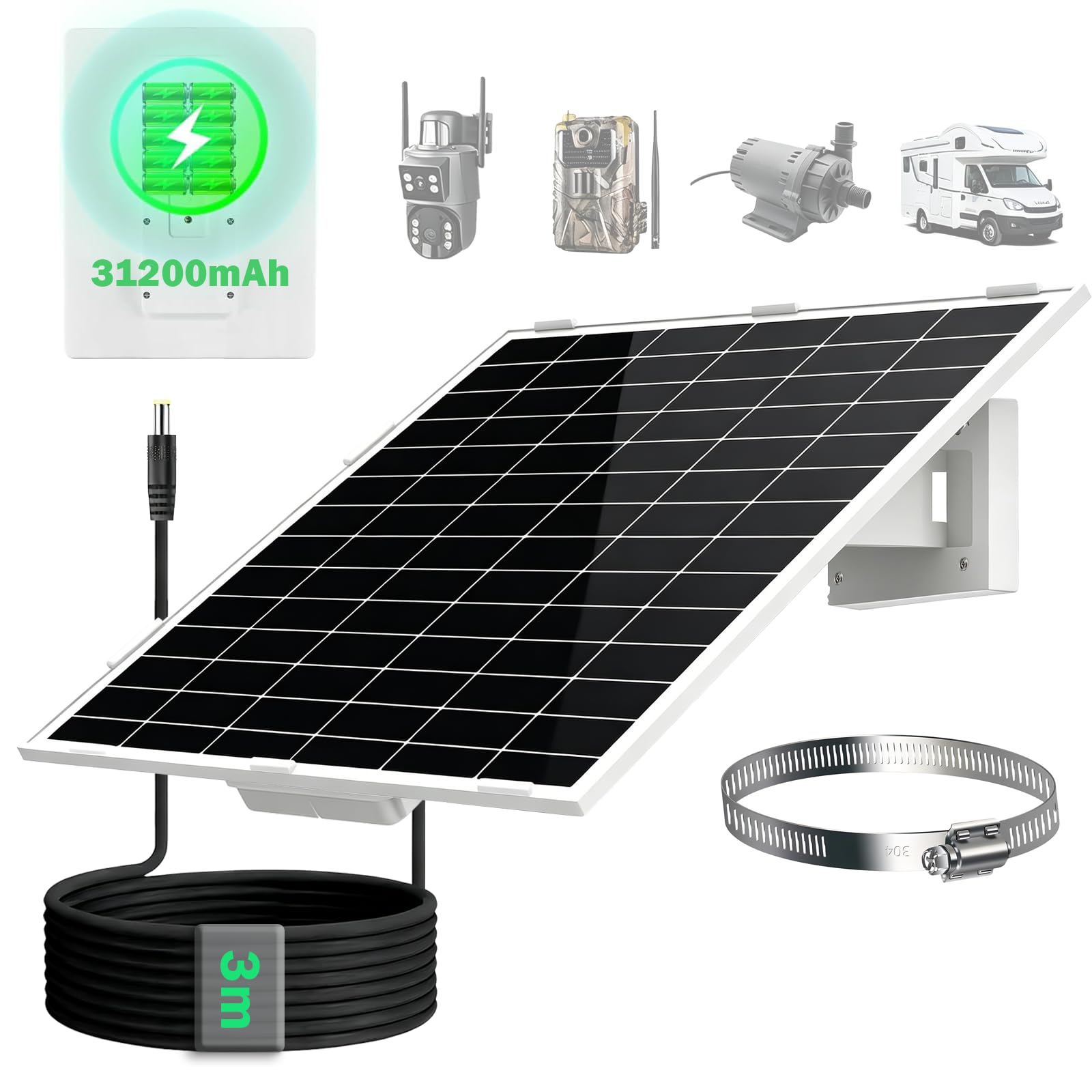 20W/12V Solarpanel mit eingebautem 31200mAh Akku, mit 3m DC5,5x2,1mm Stecker für 3G/4G Überwachungs kameras und Vogel-Fütterungskameras,Vogeltränke Stehend,IP66