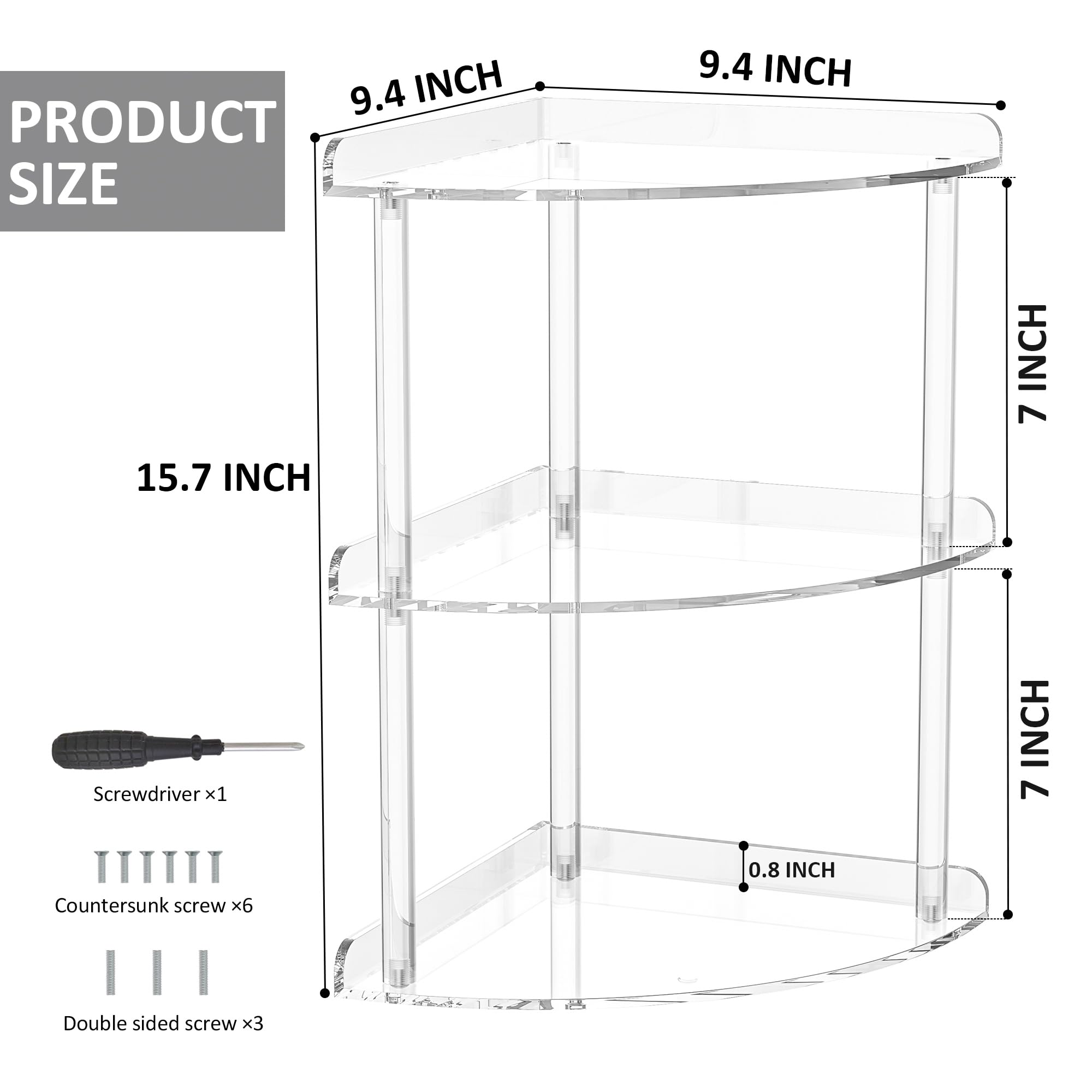 Sezanrpt 3 Tier Acrylic Corner Shelf Organizer Storage 9.5x9.5x15.7 Inch - Image 2