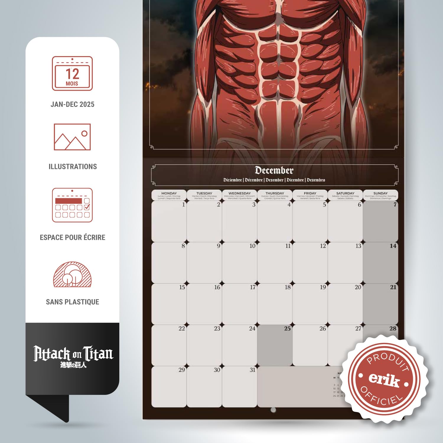 Calendrier Mural 2026 L'Attaque Des Titans (Shingeki No Kyojin) - 30x60cm - Papier 140g - Multilingue - Janvier à Décembre