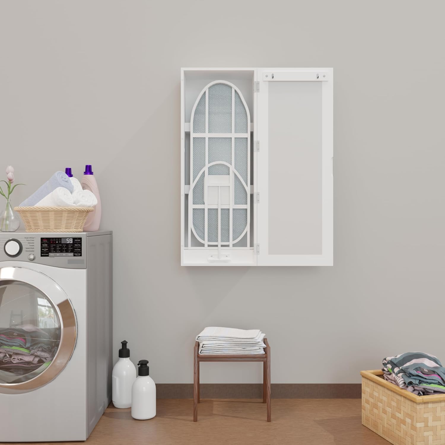 Wall Mount Ironing Board Cabinet, Built in Swivel Ironing Board Folding with Storage & Mirrored Door, White