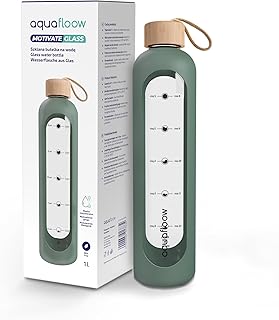 Aquafloow 1l Trinkflasche Glas mit Zeitmarkierung BPA frei, Flasche mit Bambus deckel, Wasserflasche mit Silikonhülle, auslaufsicher – ideal für Arbeit, Sport & Reisen- Grün