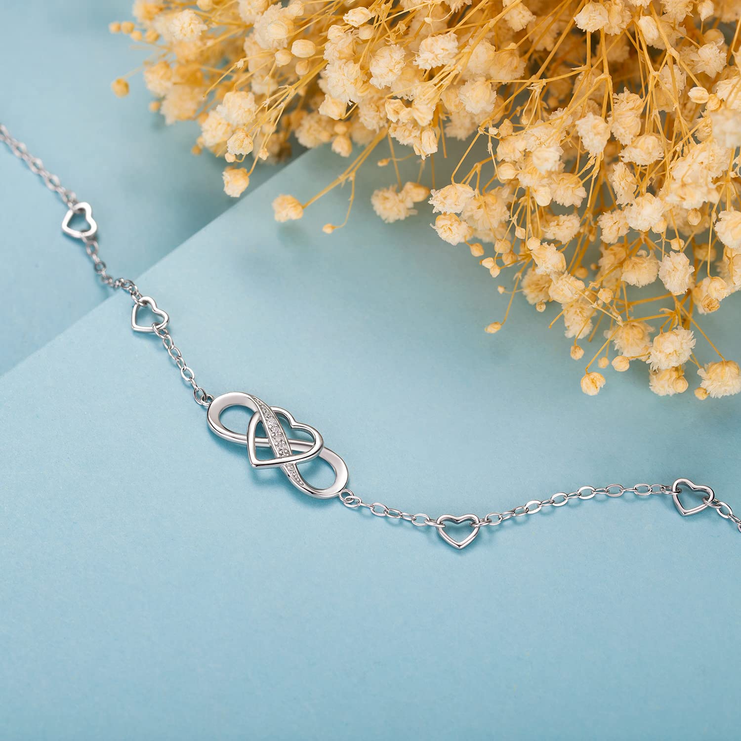 Tobillera de plata de ley 925 para mujer, pulsera de tobillo con corazón infinito, chapado en oro blanco, pulsera grande ajustable, regalo para mujer y esposa, Plata Esterlina, Circonita 2