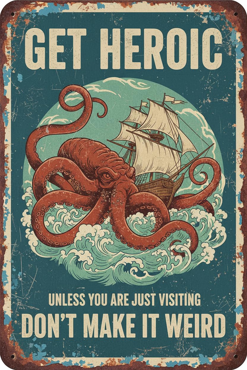 Funny Octopus Bathroom Tin Sign, 8x12 Inch Beach Decor