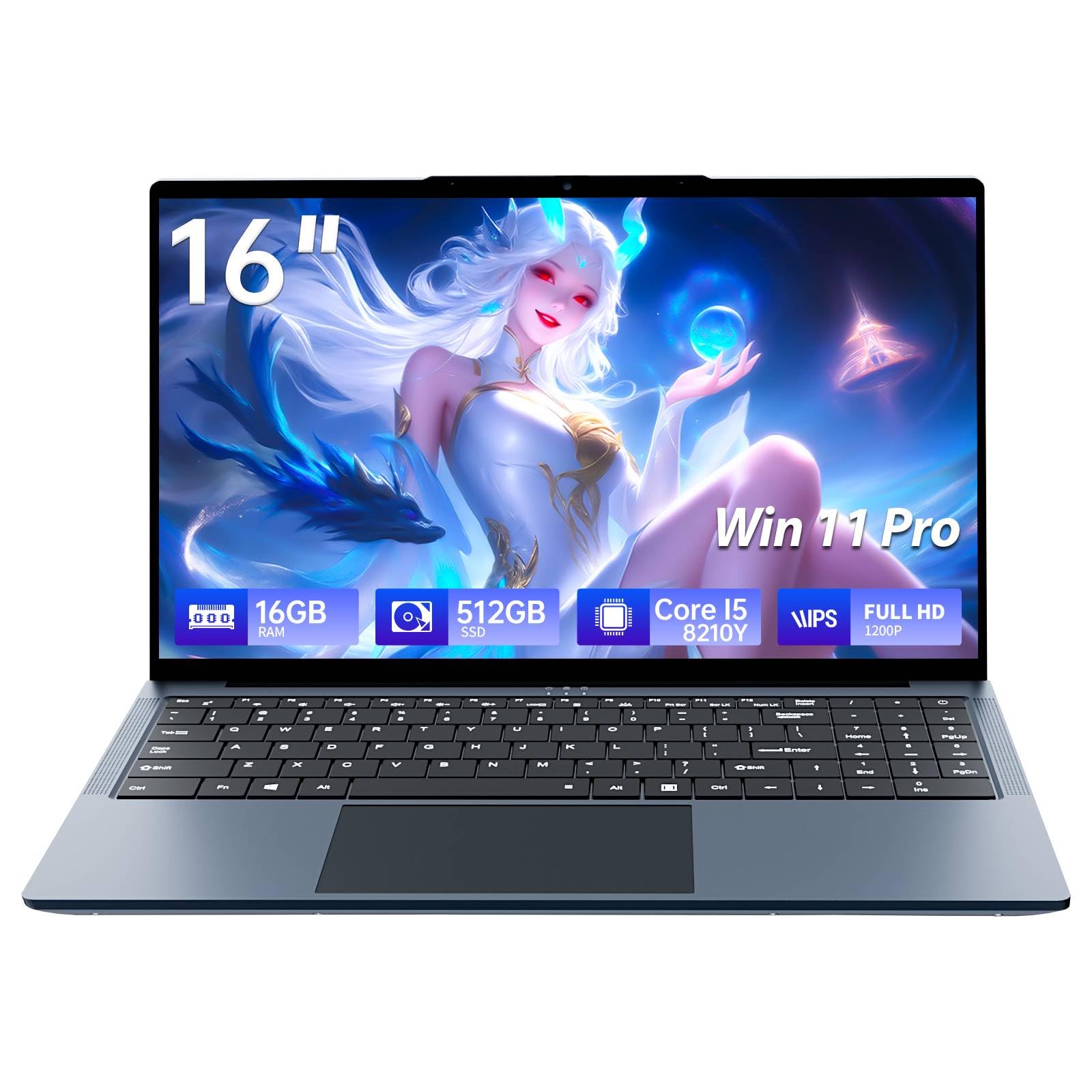 Ordenador Portátil 16 Pulgadas, Core i5-8210Y CPU, Win11 Pro PC Portátil 16GB RAM 512GB SSD, Clavier Rétroéclairé, 1080P FHD Pantalla Laptop, (Mini-HDMI+USB3.0+Type-C+Webcan+WIFI5+5800mah Battery)