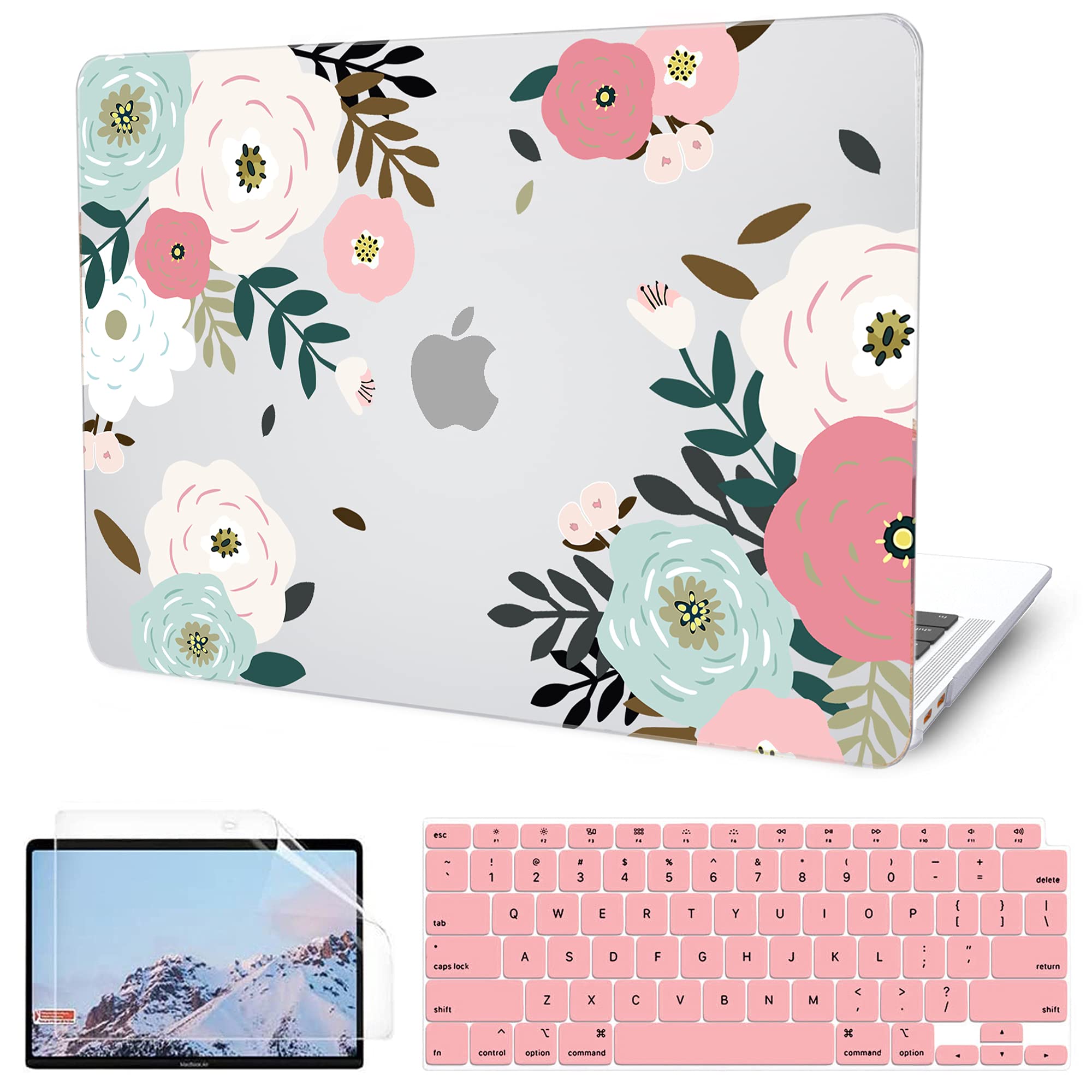 G JGOO Compatible with MacBook Air 13 Inch Case 2022 2021 2020 2019 2018 M1  A2337 A2179 A1932 Touch ID, MacBook Air Case, Clear Floral Hard Shell Case