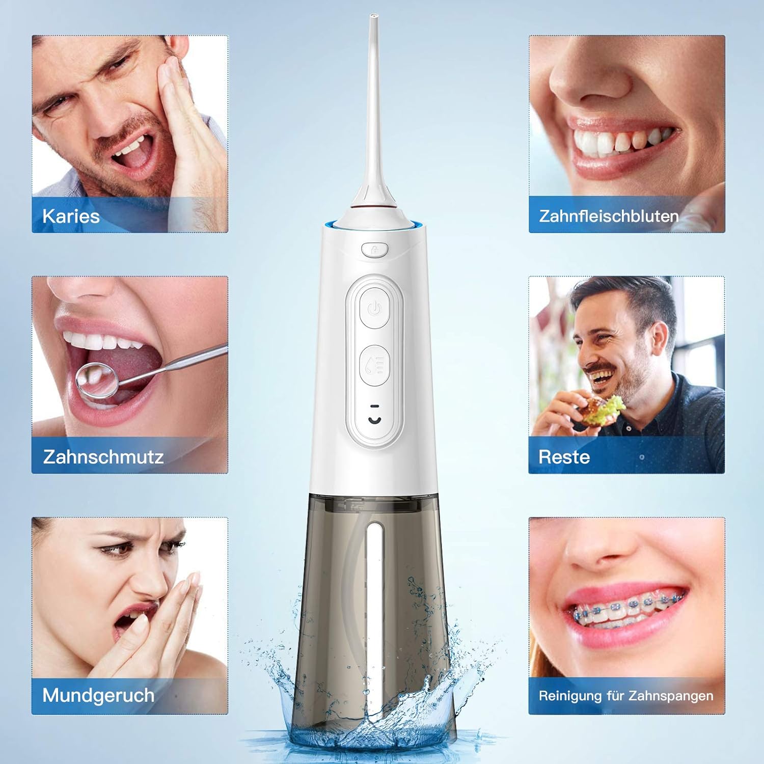 Different types of nozzle tips included with the water flosser