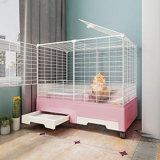 XWJOYW CVERTHAF - Jaula para Gatos, Corral, caseta para Gatos, Caja de Arena para Gatos, Todo en uno, con Ruedas giratorias de 360°, para Gatitos de Interior (Color: Rosa, tamaño: 73 x 47 x 65 cm)