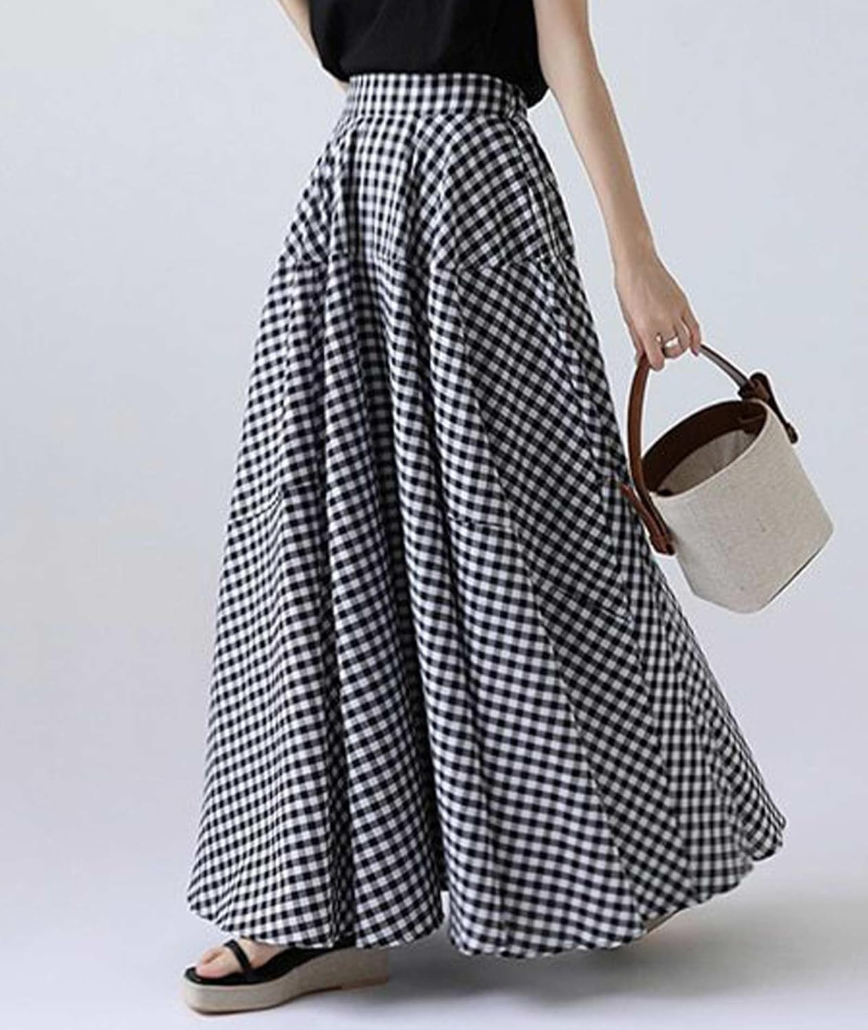 SOMTHRON Women's Retro Plaid Maxi Skirt A Line Pleated Flared Elastic High Waisted Gingham Summer Swing Long Skirt - Image 5