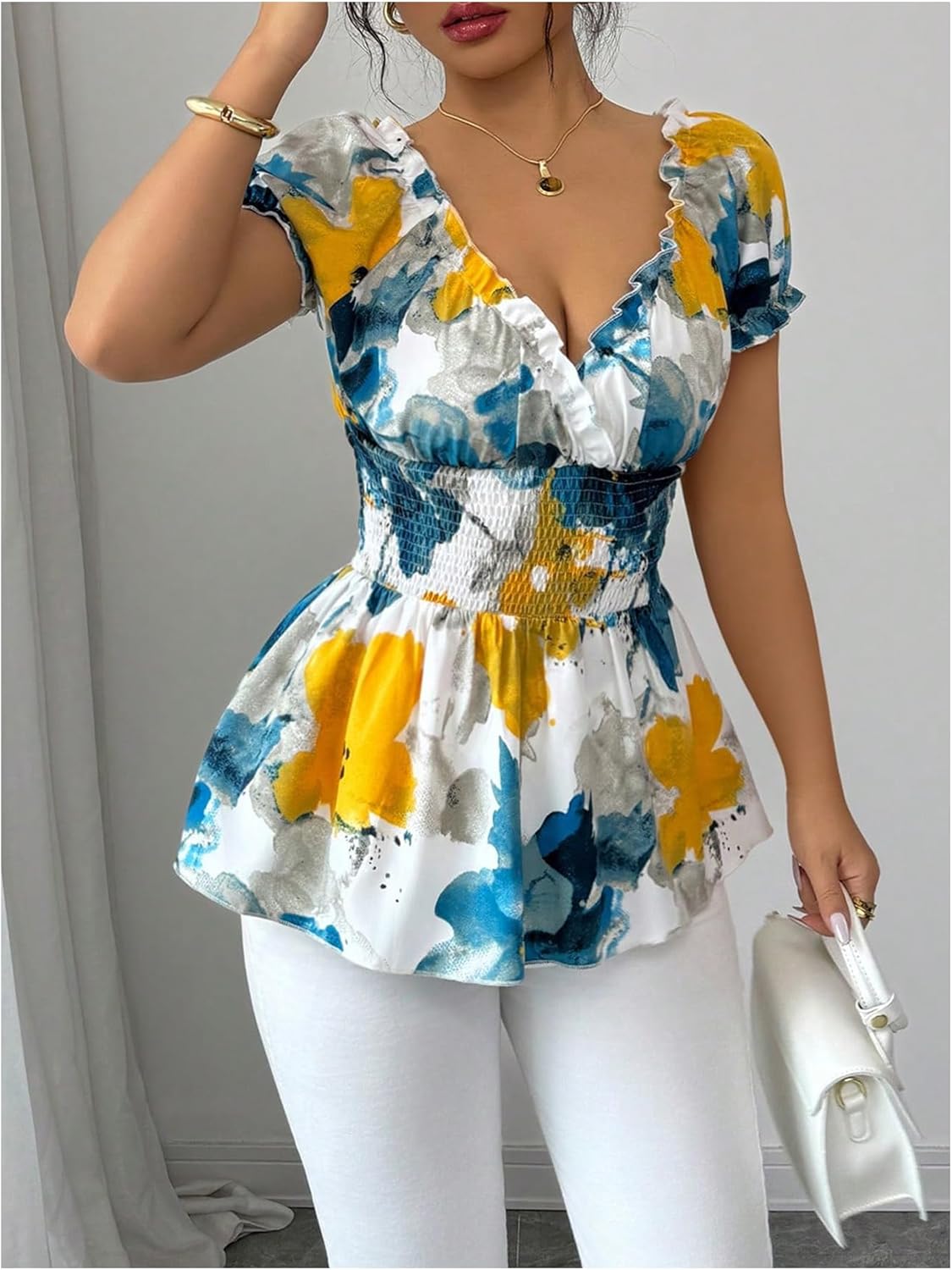 SOLY HUX Women's Floral Blouse V Neck Puff Sleeve Shirred Peplum Ruffle Hem Summer Tops - Image 4