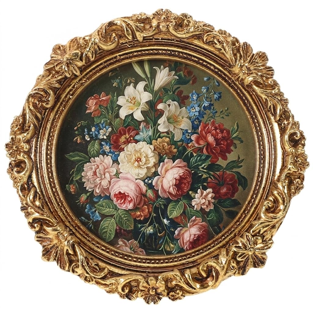 TOPPERFUN Vintage Round Picture Frame 5.31 Inch Ornate Embossed Resin Photo Frame for Tabletop and Wall Mount European Style Decorative Photo Holder for Living Room Office and Gift