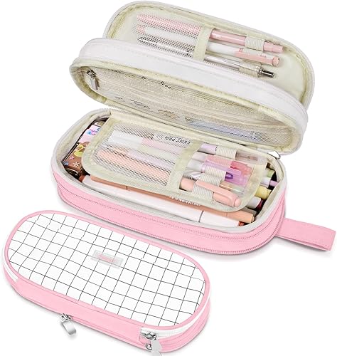 Miniatura 11 de Sooez Estuche grande para lápices, bolsa de lápices expandible con 5 compartimentos, organizador de lona de gran capacidad con cremallera, bolsa