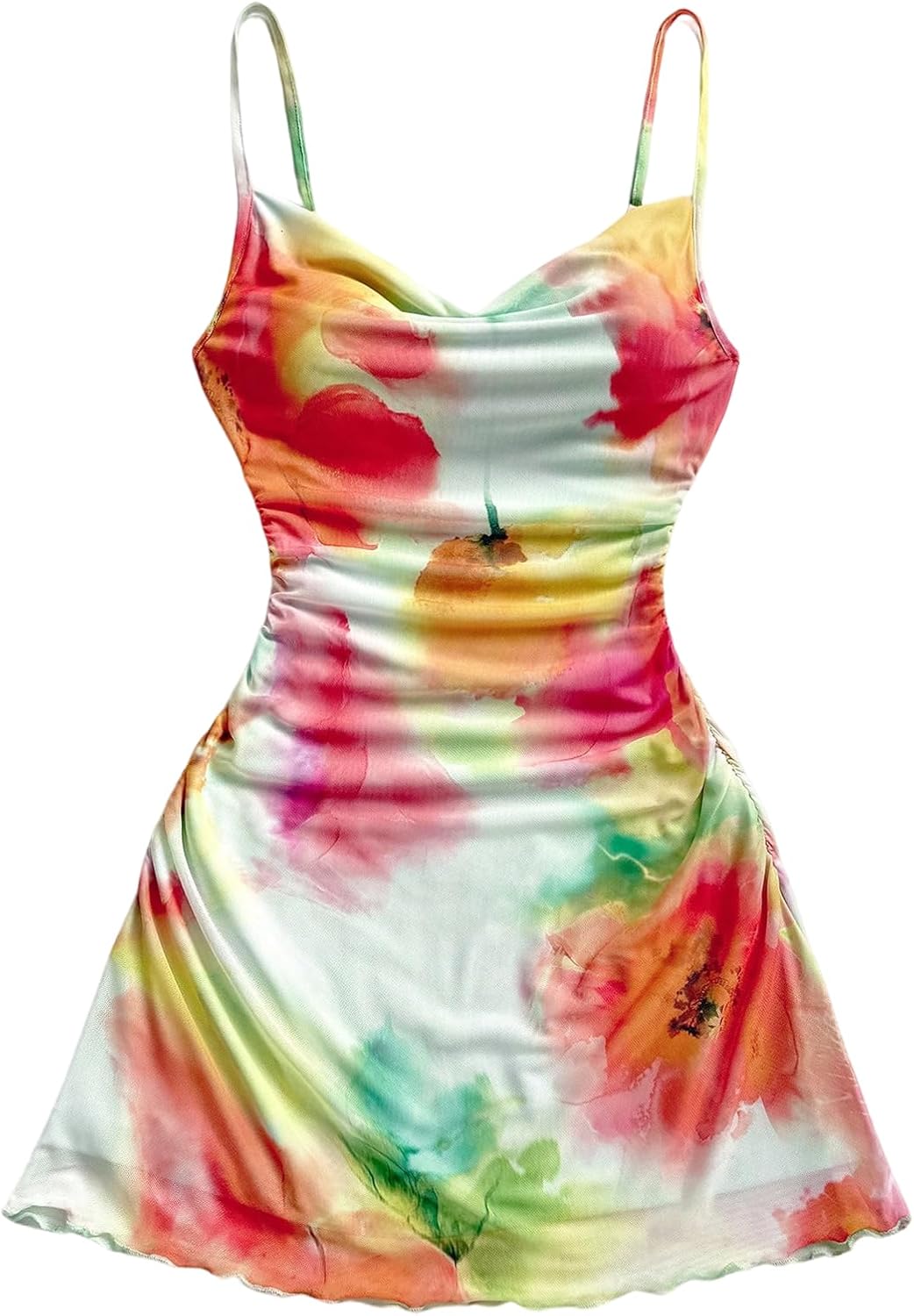 Women's Y2k Floral Mini Dress Summer Beach Vacation Dress Mesh Ruched Spaghetti Strap A Line Sundress