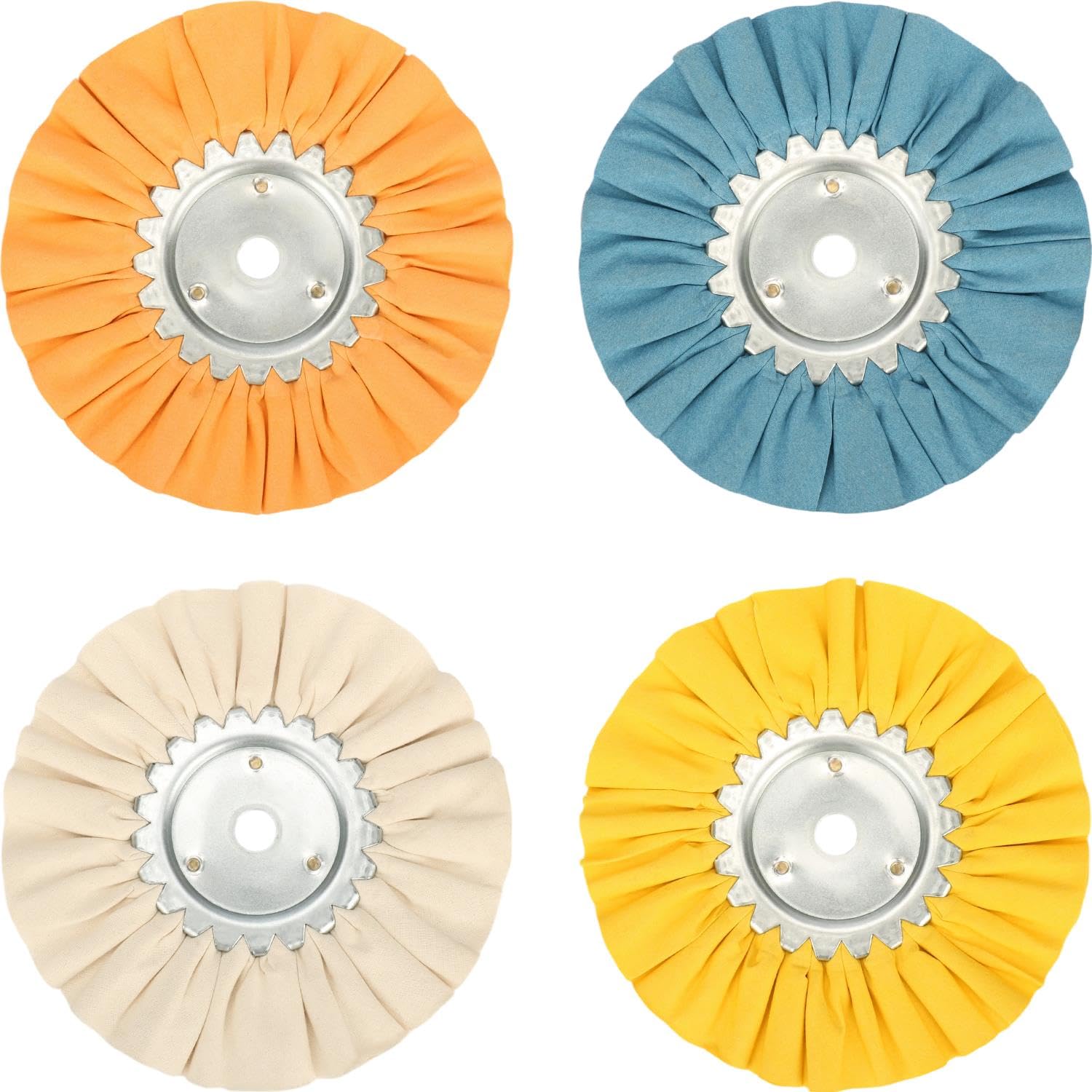 8" Airway Buffing Wheel Kit, 4Pcs Aluminum Wheel Polishing Kit in Diameter 5/8 inch Arbor Hole, 16Ply Fine, Aluminum Metal Polishing Wheel Kit for Angle Grinder Mirror Finish(White/Orange/Blue/Yellow)
