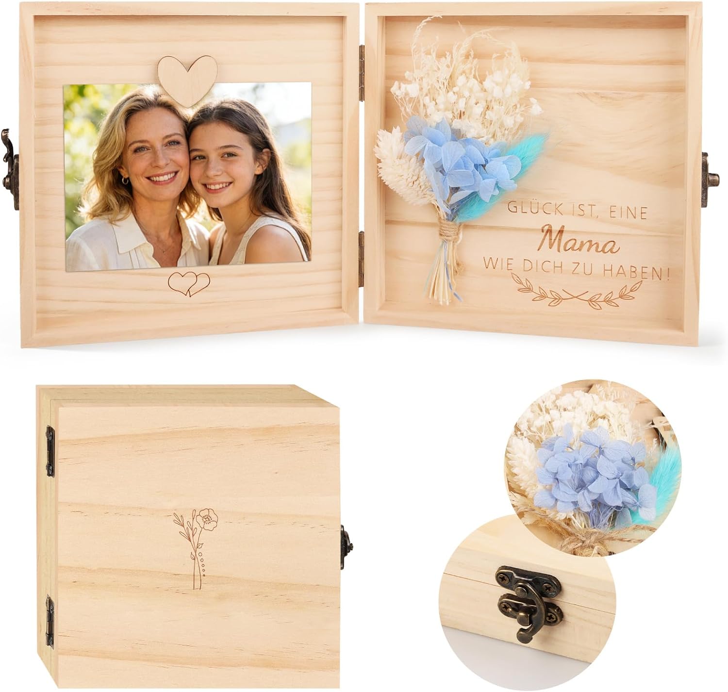 TUZELIYA Mama Geschenk - Kreative Holzbox mit Trockenblumen - Geschenke f r Mama zum Geburtstag Muttertag - Magnetischer Bilderrahmen f r gemeinsames Bild