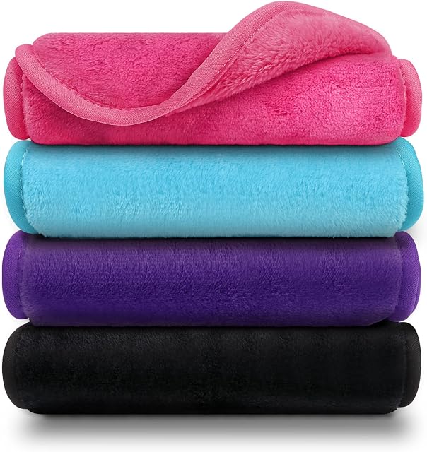 Orighty Makeup Remover Cloths Pack of 4, Reusable Microfiber Facial Cleansing Cloths, Remove Instantly Dirt, Makeup&Waterproof Mascara with Just Water, 15.5 x 7.5 in, Blue/Purple/Black/Pink