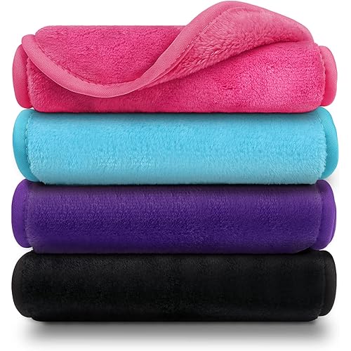 Orighty Makeup Remover Cloths Pack of 4, Reusable Microfiber Facial Cleansing Cloths, Remove Instantly Dirt, Makeup&Waterproof Mascara with Just Water, 15.5 x 7.5 in, Blue/Purple/Black/Pink