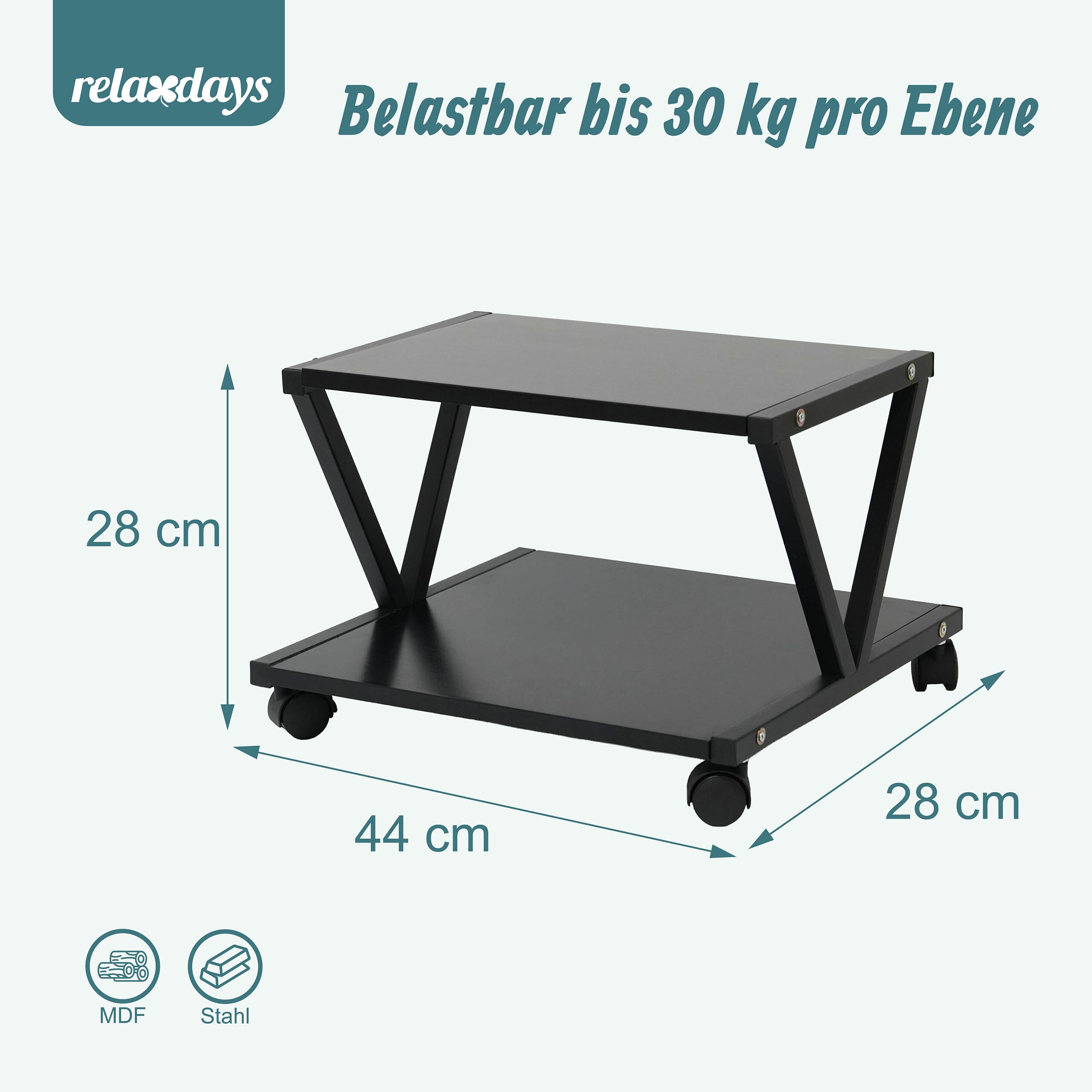 Relaxdays Druckerständer mit Rollen, 2 Ebenen, HBT: 28 x 44 x 28 cm, Rolltisch für Drucker, Büro, MDF & Metall, schwarz