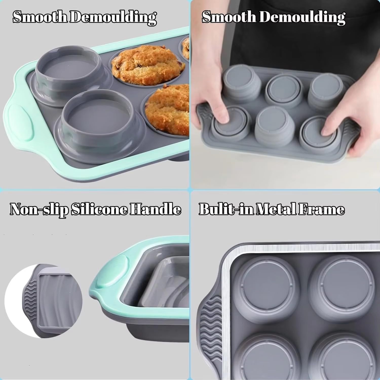 Molde de silicona para magdalenas y magdalenas, antiadherente, molde para hornear, molde para hornear, molde para cocina, horno, microondas, lavavajillas (gris)