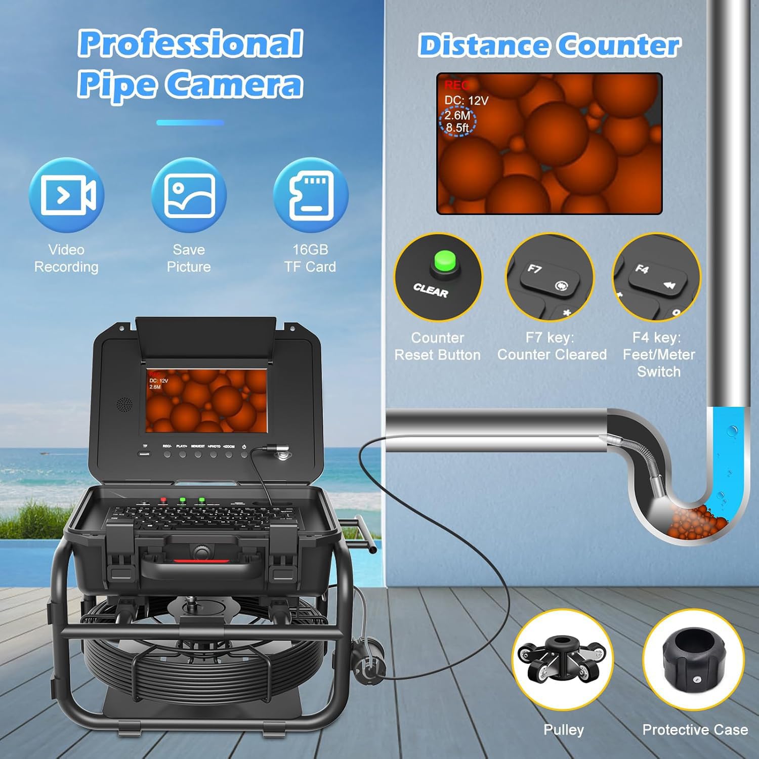 Telecamera per tubi di drenaggio 40M, ispezione fognaria con localizzatore, autolivellante, trasmettitore 512Hz, impermeabile IP68, telecamera endoscopica con 12 luci LED